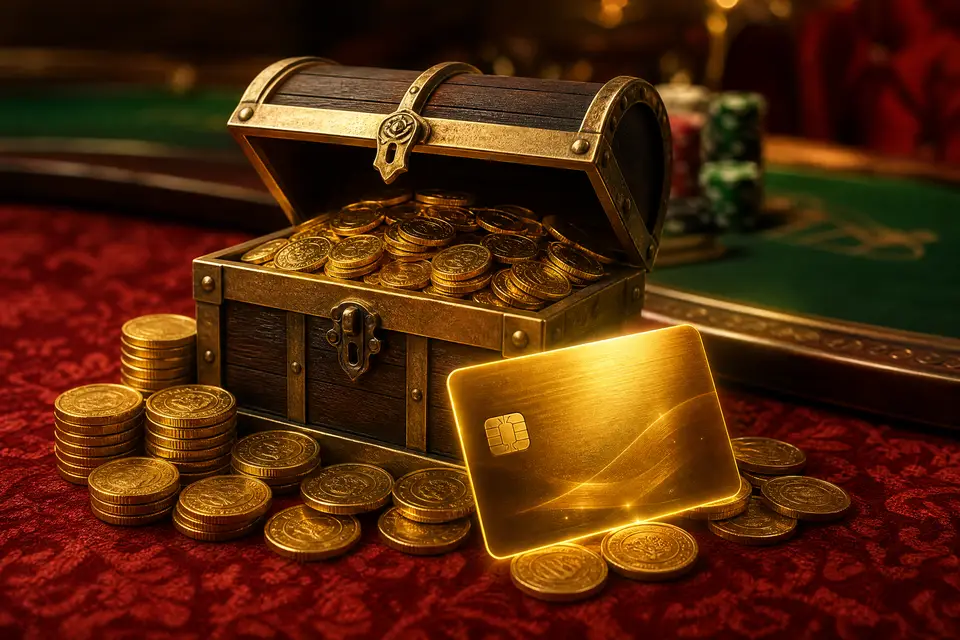 Peti harta karun dengan koin emas dan kartu bank — bonus deposit pertama Deluna4d