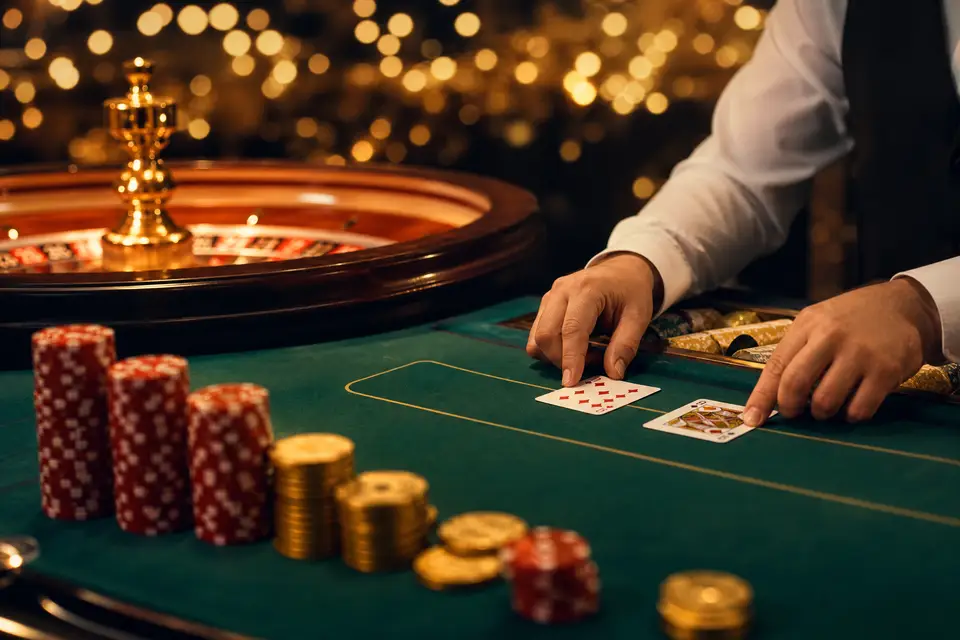 Meja live casino dengan chip merah dan emas — panduan live casino Deluna4d