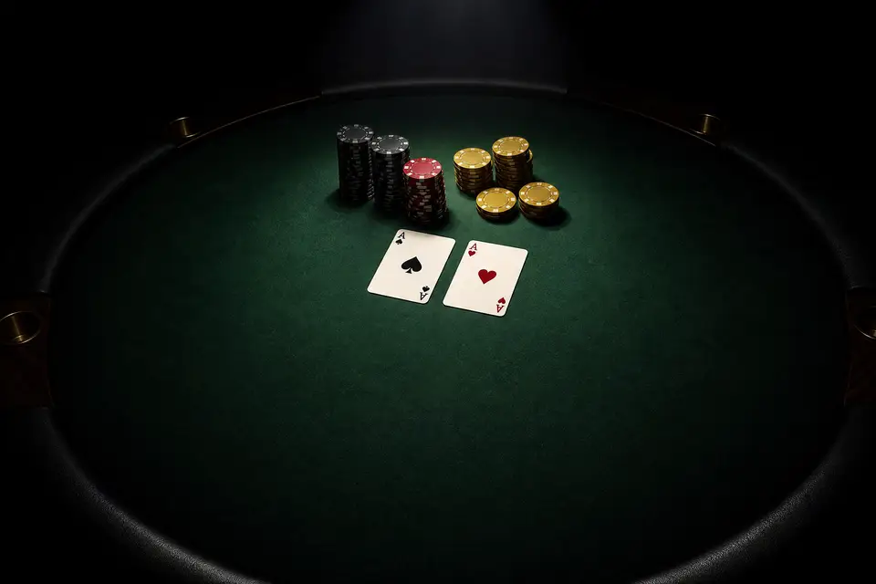 Meja poker dengan sepasang kartu as dan tumpukan chip — panduan poker Deluna4d