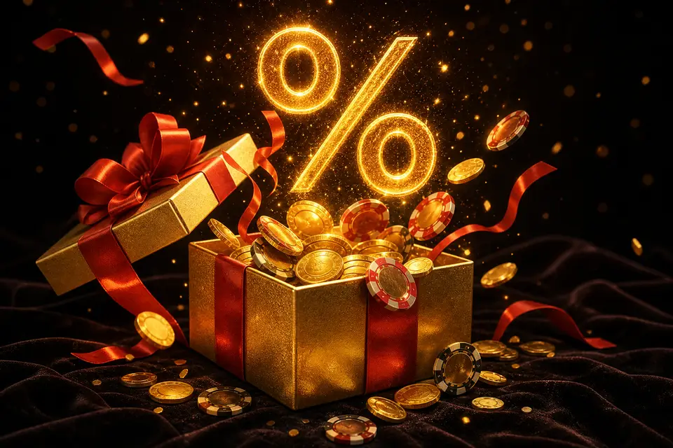 Kotak hadiah emas dengan koin dan chip — promosi Deluna4d