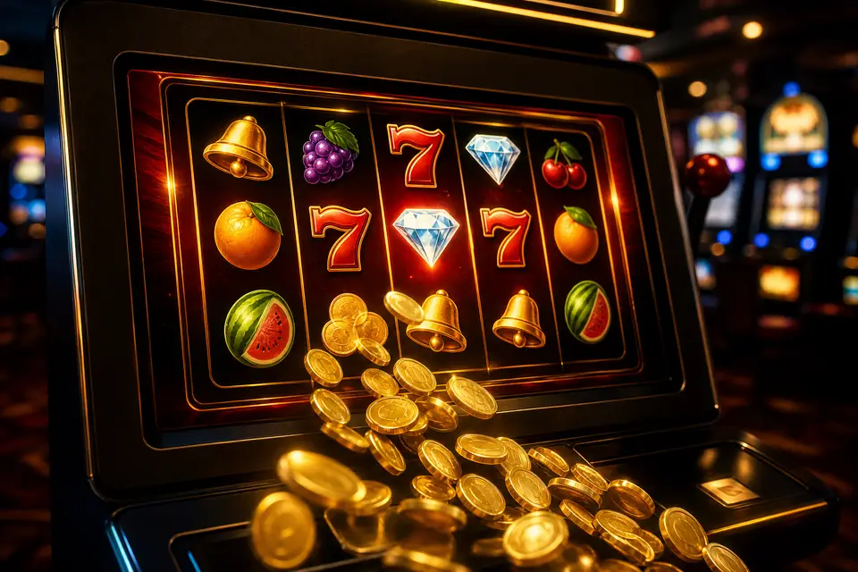 Mesin slot digital dengan koin emas berjatuhan — panduan slot online Deluna4d